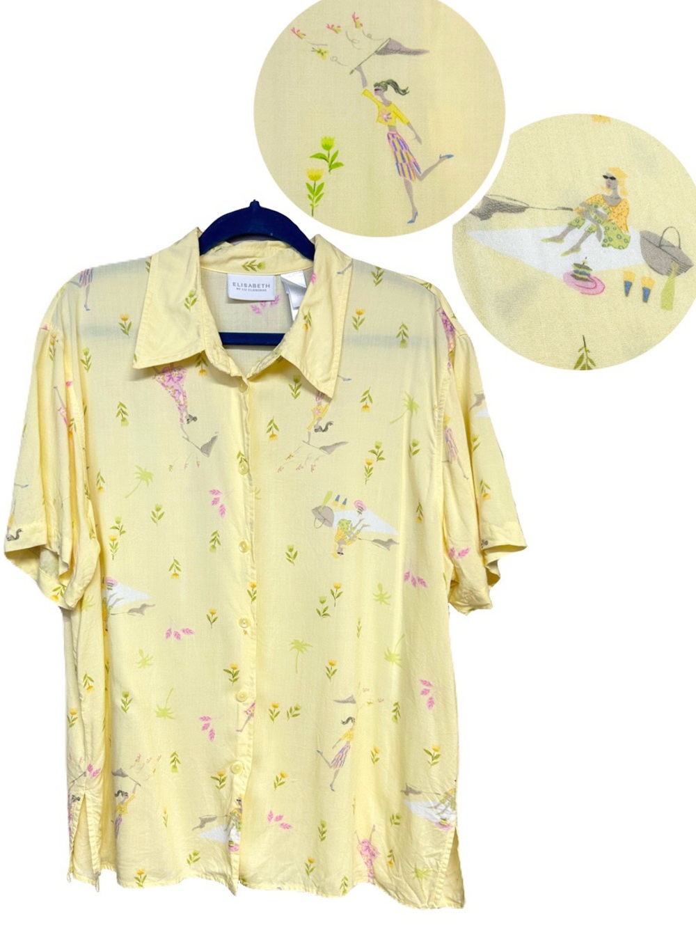 Liz Claiborne Ladies Catching Bugs Novelty Print Button Short Sleeve Blouse 14